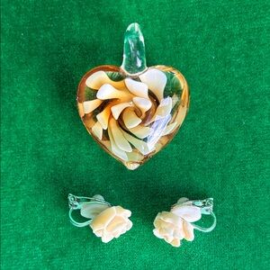 Hand blown Murano glass heart pendant and small celluloid rose clip on earrings